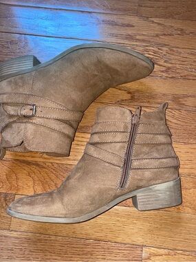 Sun + Stone Brown Suede Ankle Booties with Side Zip